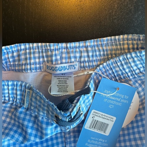 NWT! Ruffle Butts Rugged Butts Blue Gingham Kids Swimming Trunks Bathingsuit - Picture 3 of 4